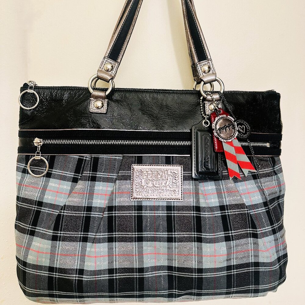 Coach Poppy Limited Edition Tartan Glam Carryall Tote Black Blue Silver 15886